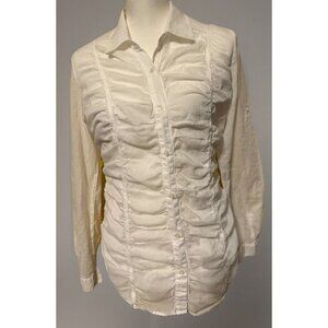 Calvin Klein White Blouse Button Up Women Roll Tab Sleeves Ruched